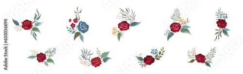 Flower Compositions with Red Rose and Floral Leafy Branches Vector Set