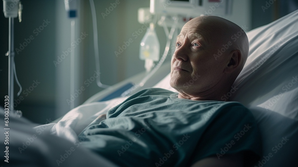 a cancer patient receiving chemotherapy while laying on a hospital bed. a cancer patient receiving chemotherapy while laying on a hospital bed.