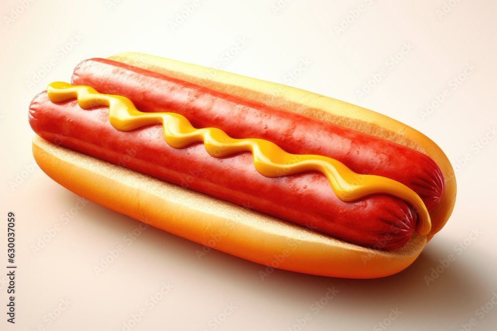 Delicious hot dog with sausage in cartoon style. Fast food menu design, street food. Generative AI Delicious hot dog with sausage in cartoon style. Fast food menu design, street food. Generative AI