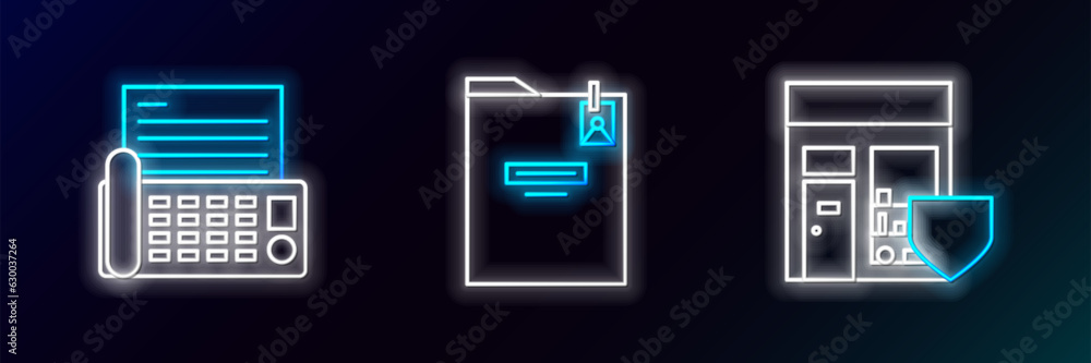 Set line Shopping building with shield, Fax machine and Personal folder icon. Glowing neon. Vector Set line Shopping building with shield, Fax machine and Personal folder icon. Glowing neon. Vector