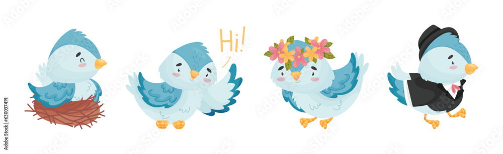 Cute Blue Bird with Wings and Feathers Vector Set Cute Blue Bird with Wings and Feathers Vector Set