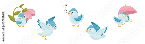Cute Blue Bird with Wings and Feathers Vector Set