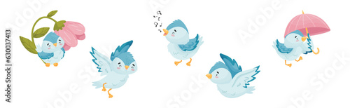 Cute Blue Bird with Wings and Feathers Vector Set photo