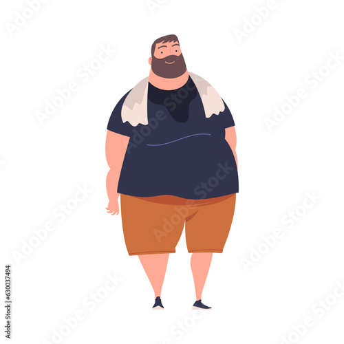 Full Sweaty Bearded Man Character with Plump Body Standing and Smiling Vector Illustration