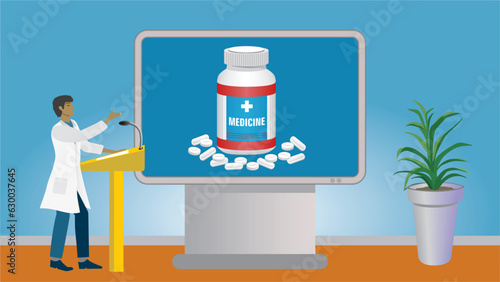 Man, pharmacist or doctor in lecture about medication, pharmacy business and treatment. Gesturing and standing in front of big modern screen for education. Dimension 16:9. Vector illustration.