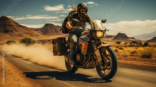 Man riding a motorbike on a road in the desert. .