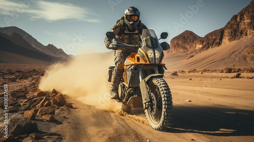 Man riding a motorbike on a road in the desert. .