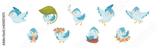 Cute Blue Bird with Wings and Feathers Vector Set