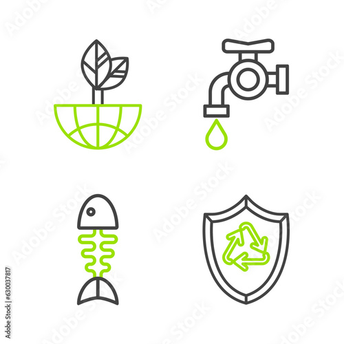 Set line Recycle symbol inside shield, Fish skeleton, Water tap and Earth globe and leaf icon. Vector