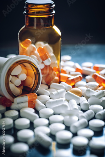 Prescription opioids with many bottles of pills in the background. Concepts of addiction, opioid crisis, overdose and doctor shopping. High quality photo photo