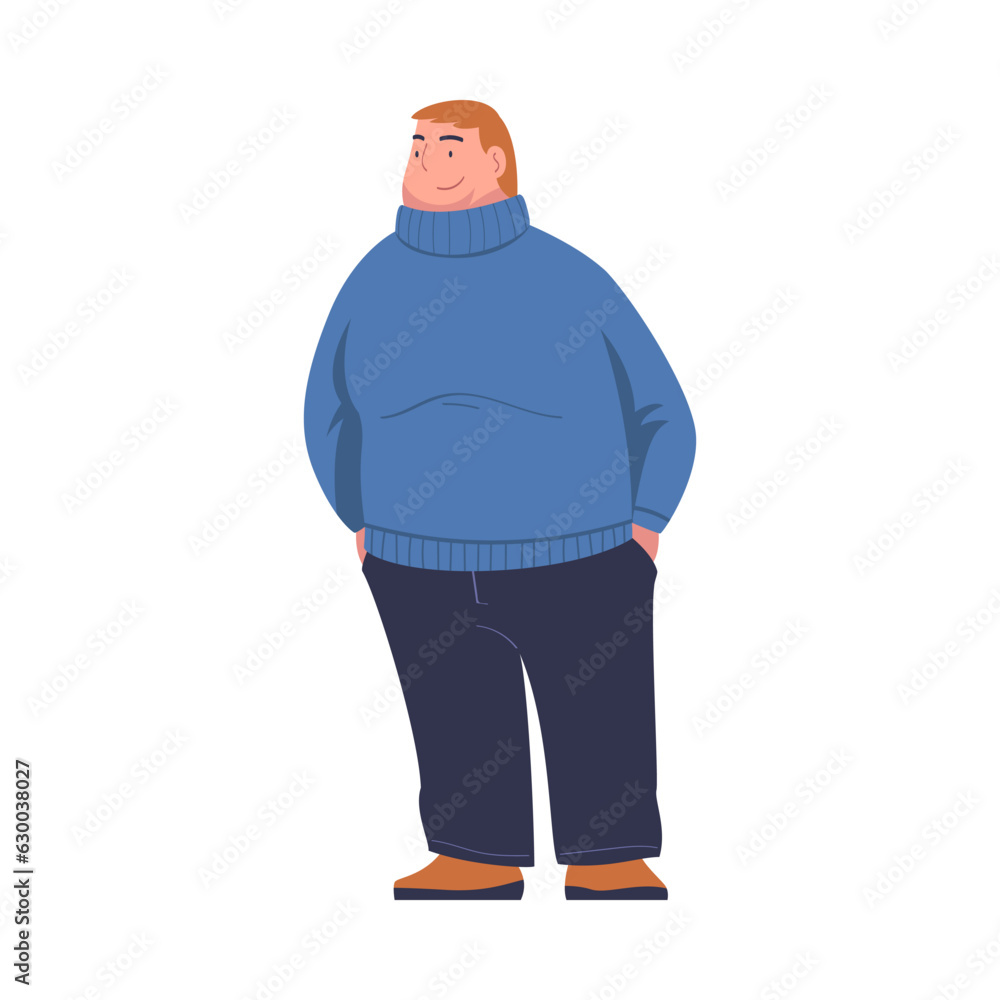Full Man Character with Plump Body in Blue Sweater Standing and Smiling Vector Illustration
