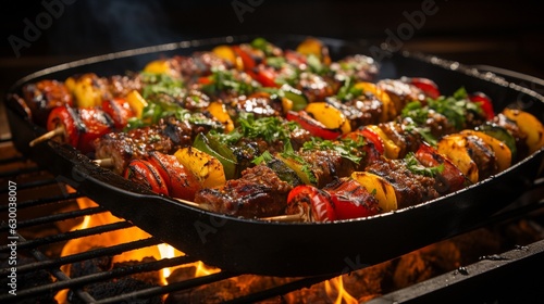 Skewers of meat and vegetables sizzling on the grill .