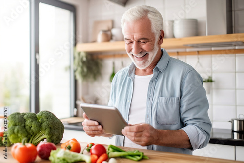 Positive smiling senior man with tablet in the kitchen