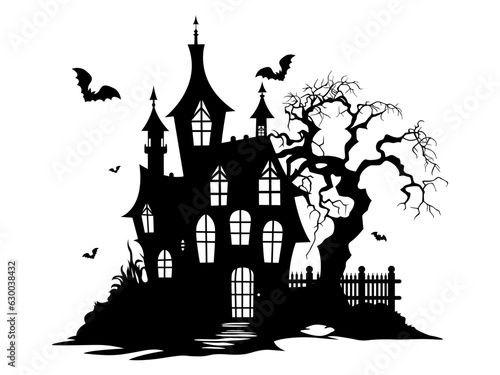 Halloween illustration with silhouette of house and dead trees, bats. Vector illustration.