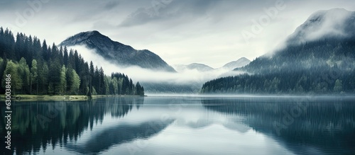 The fog is present above Lake Bluntausee in front of the Alps mountains in Salzburger Land, Austria,