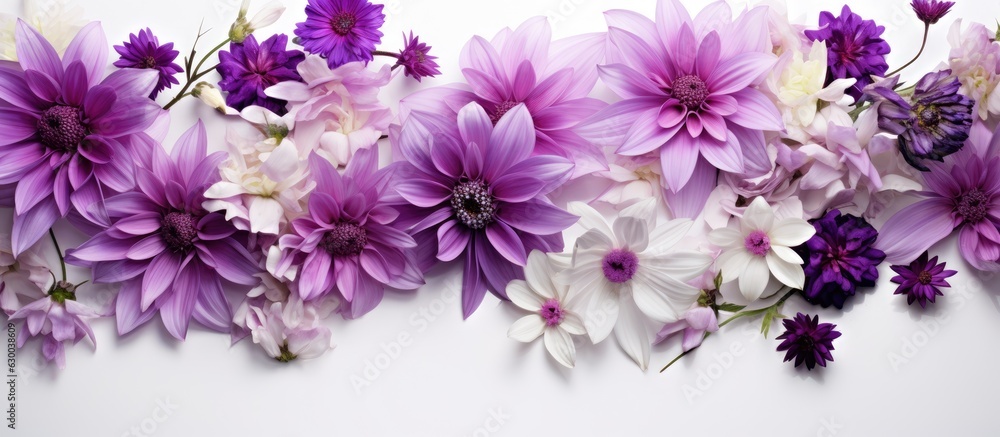 A white background with a collection of purple flowers and space for text. This represents the idea