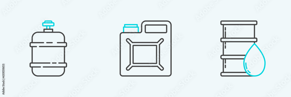 Set line Barrel oil, Propane gas tank and Canister for gasoline icon. Vector Set line Barrel oil, Propane gas tank and Canister for gasoline icon. Vector