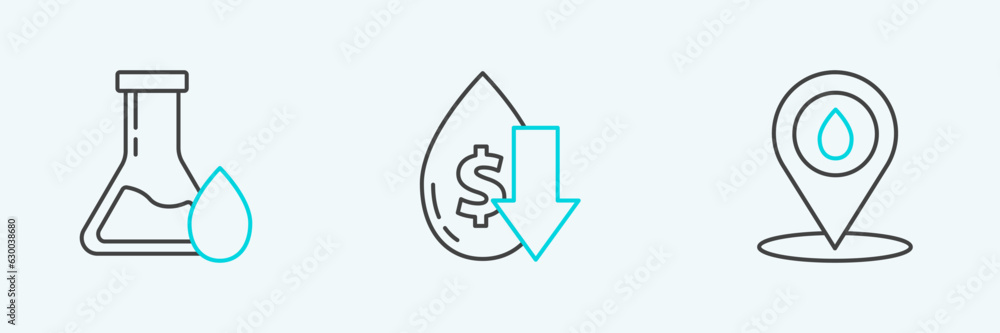 Set line Refill petrol fuel location, Oil test tube and Drop in crude oil price icon. Vector Set line Refill petrol fuel location, Oil test tube and Drop in crude oil price icon. Vector