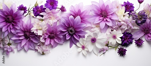 Obraz na płótnie A white background with a collection of purple flowers and space for text. This represents the idea w salonie