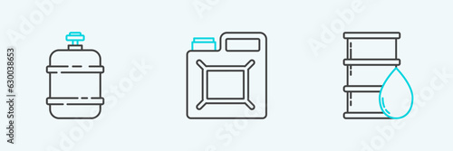Set line Barrel oil, Propane gas tank and Canister for gasoline icon. Vector