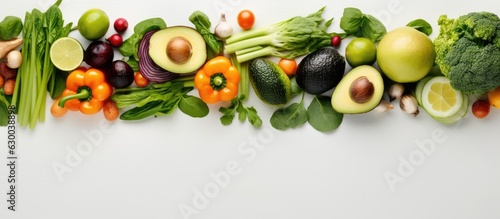 An unedited image from above showing a blank space surrounded by different types of fresh food on a