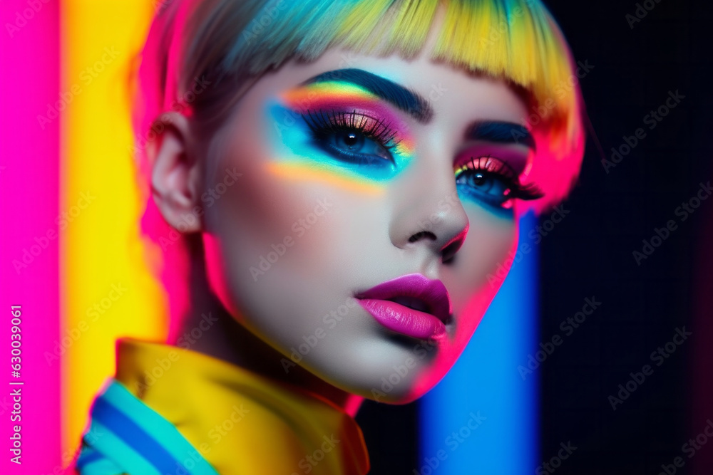 Cheeky girl in fluorescent studio light. Glamorous shiny neon colors make up Cheeky girl in fluorescent studio light. Glamorous shiny neon colors make up