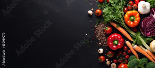 Fresh vegetables and ingredients for cooking are showcased in a top view with a dark background, representing