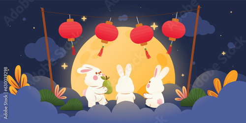 Three White Rabbits Sit In Front of Full Moon In Starry Night With Red Lantern, Vector, Illustration