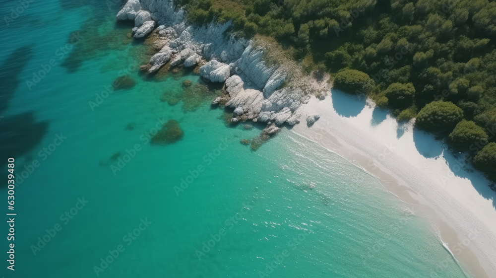 Aerial view of crystal clear blue water on a perfect sandy beach with a forest behind and rocks