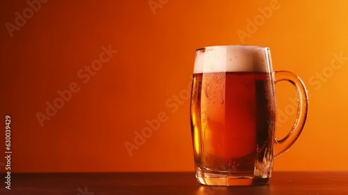 A mug of fresh beer on an empty orange display with copy space, place for text, banner and product advertisement mock up