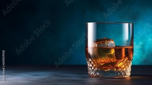 A glass of whisky, cognac with an ice cube on an old vintage blue background, with copy space, place for text, banner and product advertisement mock up