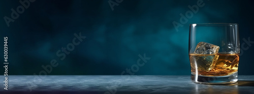 A glass of whisky, cognac with ice cubes on an old vintage blue background, with copy space, place for text, banner and product advertisement mock up
