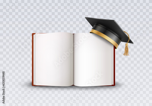 Graduate college, high school or university cap with blank open book isolated on transparent background. Vector 3d degree ceremony hat and diary. Black student symbol, blank notebook, album template