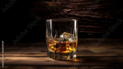 A glass of whisky, cognac with ice cubes on an old vintage wooden background, with copy space, place for text, banner and product advertisement mock up