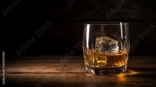 A glass of whisky, cognac with ice cubes on an old vintage wooden background, with copy space, place for text, banner and product advertisement mock up