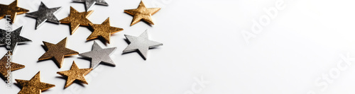 Golden and silver stars on an empty white background with copy space  place for text