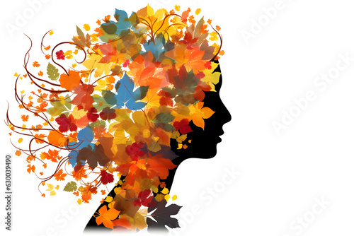 Colorful Leaf Pattern: Woman Silhouette Head in Nature's Embrace, generative ai 
