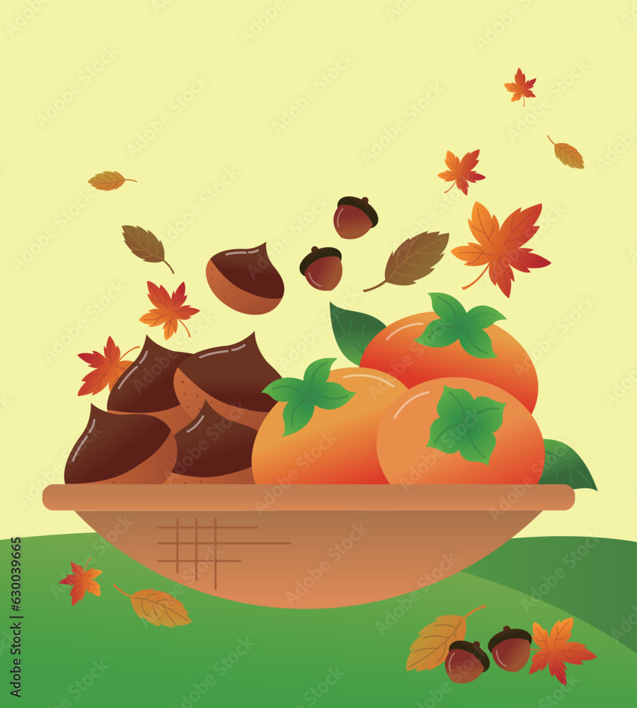 Vector autumn background with persimmons, acorn, chestnut and leaves Vector autumn background with persimmons, acorn, chestnut and leaves