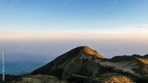 The beautiful Landscape view from Lawu Mountain at sunrise located in Magetan. One of the most beautiful mountains in Java with an altitude of 3265m above sea level. 