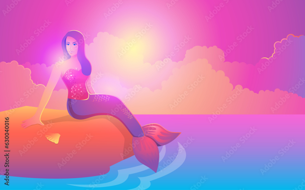 Beautiful mermaid, glistening in vibrant pink and purple hues, gracefully sitting on a rock during a mesmerising sunset. This illustration immerses you in a world of fantasy and enchantment.