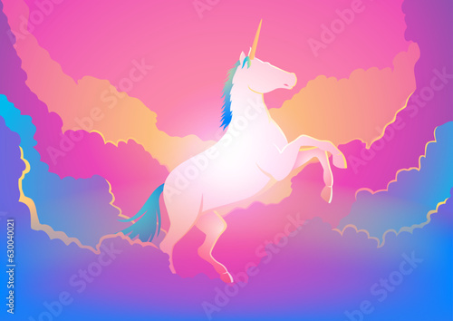 White unicorn among vibrant pink and purple clouds, perfect for fantasy enthusiasts, fairy tale themes, and dreamlike designs