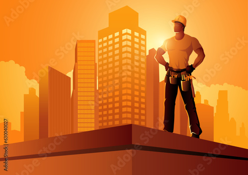 Builder standing proudly on the top of a building. This inspiring scene captures the triumph of construction and hard work. Perfect for construction industry themes, real estate, and success concepts
