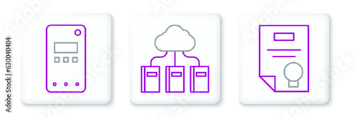 Set line Certificate template, Mobile phone and Cloud or online library icon. Vector