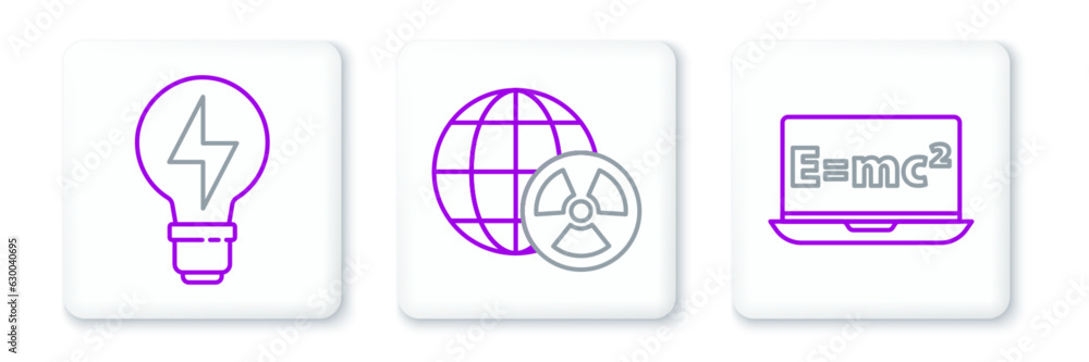 Set line Equation solution, Light bulb with lightning and Planet earth and radiation icon. Vector Set line Equation solution, Light bulb with lightning and Planet earth and radiation icon. Vector