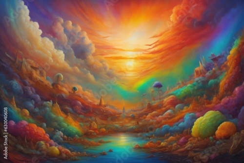 Illustration featuring surreal hues and textures of sunrise or sunset, suggesting themes of landscape painting, imagination, creativity, and art. Created with generative AI tools