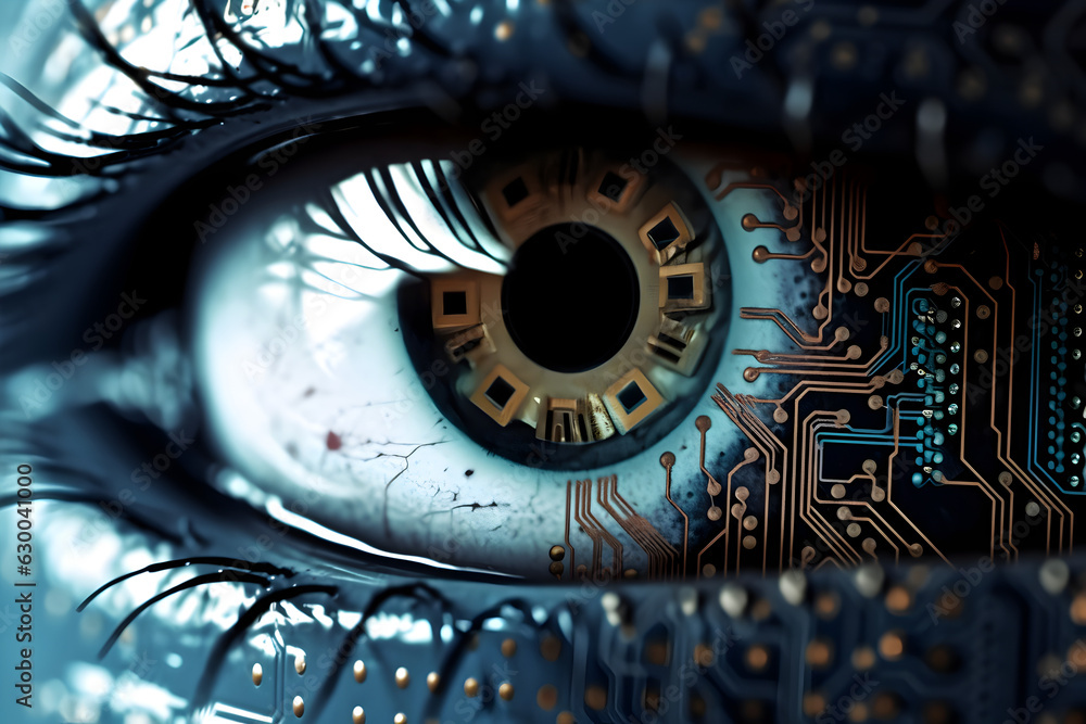 Futuristic Vision: Human Eye Enhanced with a Computer Chip, generative ai 