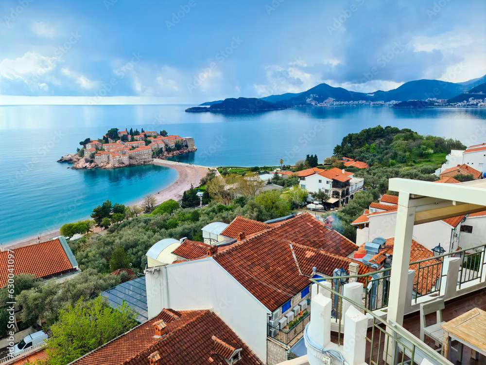 View from above on the island of Sveti Stefan in Budva