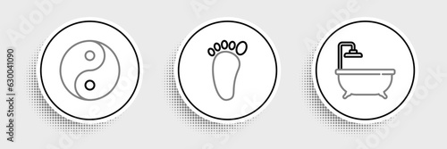 Set line Bathtub, Yin Yang and Foot massage icon. Vector