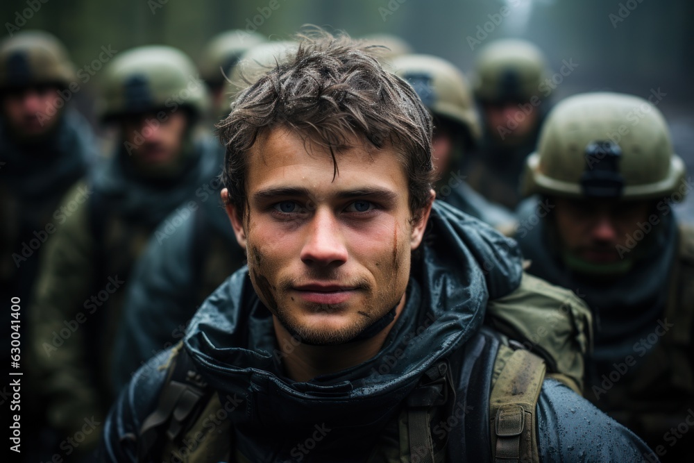 Fototapeta premium soldier holding gun at army confident soldier looking at camera with team