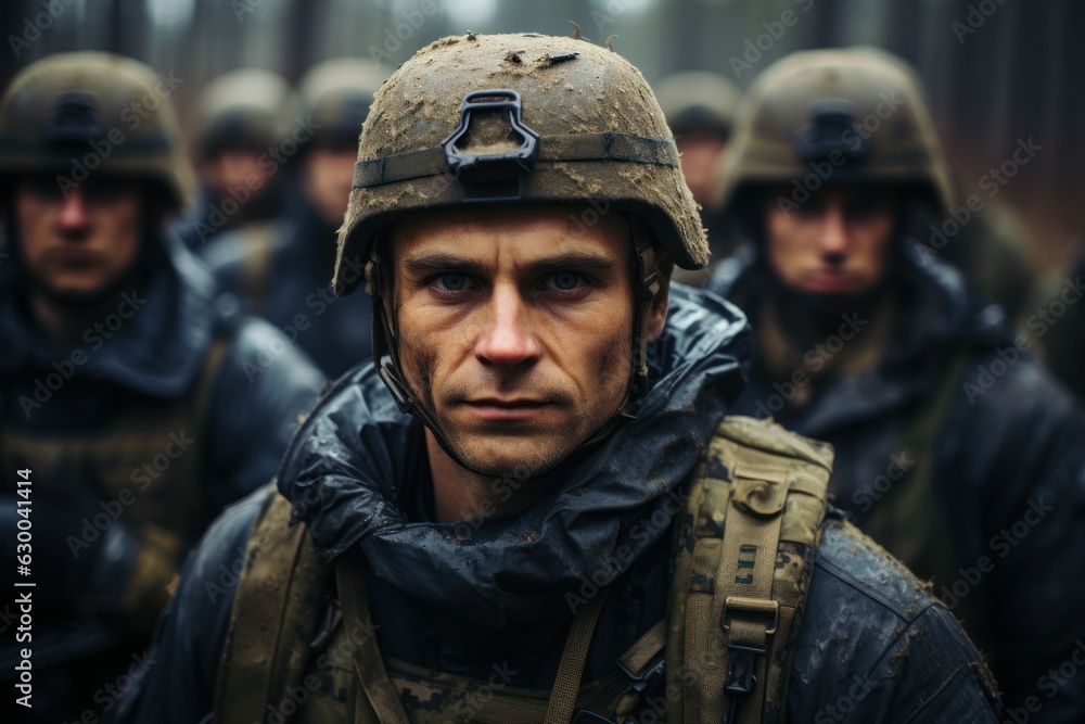 Fototapeta premium soldier holding gun at army confident soldier looking at camera with team